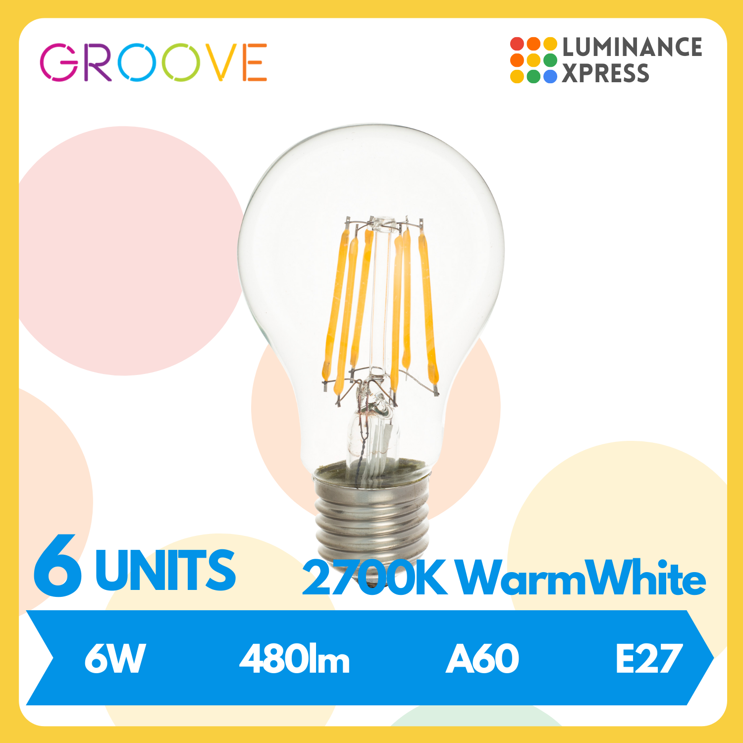GROOVE Retro LED Edison Bulb A60 6W Warm White 2700K E27 [6 Units]