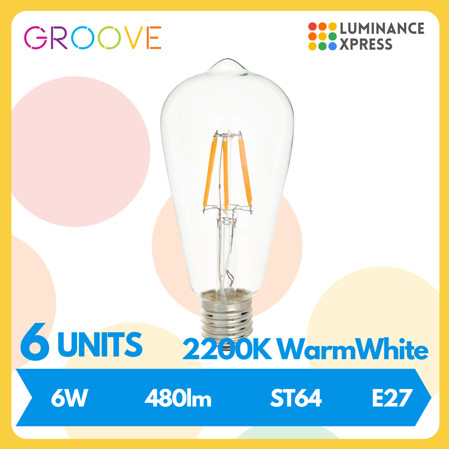 GROOVE Retro LED Edison Bulb ST64 6W Warm White 2200K E27 [6 Units]