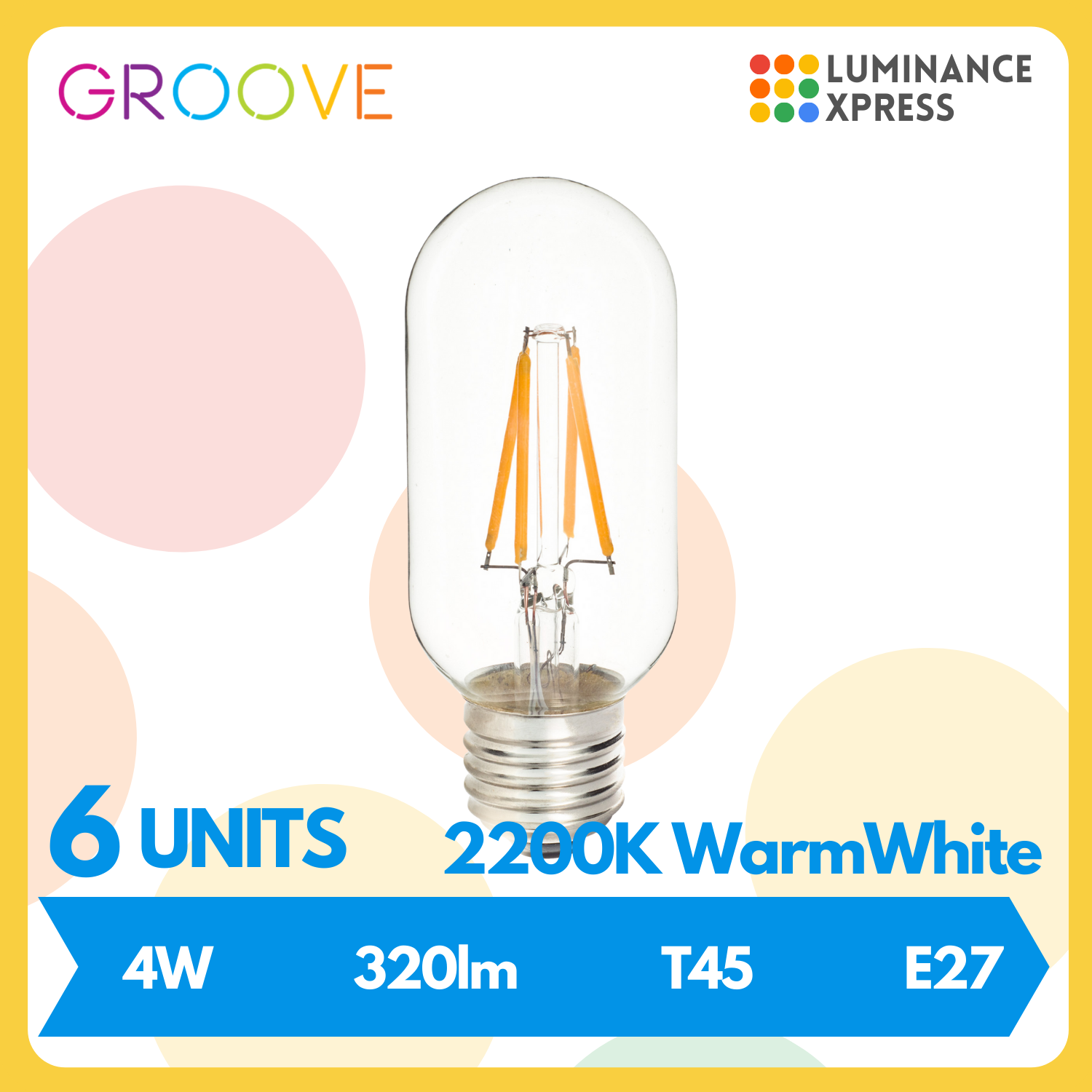 GROOVE Retro LED Edison Bulb T45 4W Warm White 2200K E27 [6 Units]